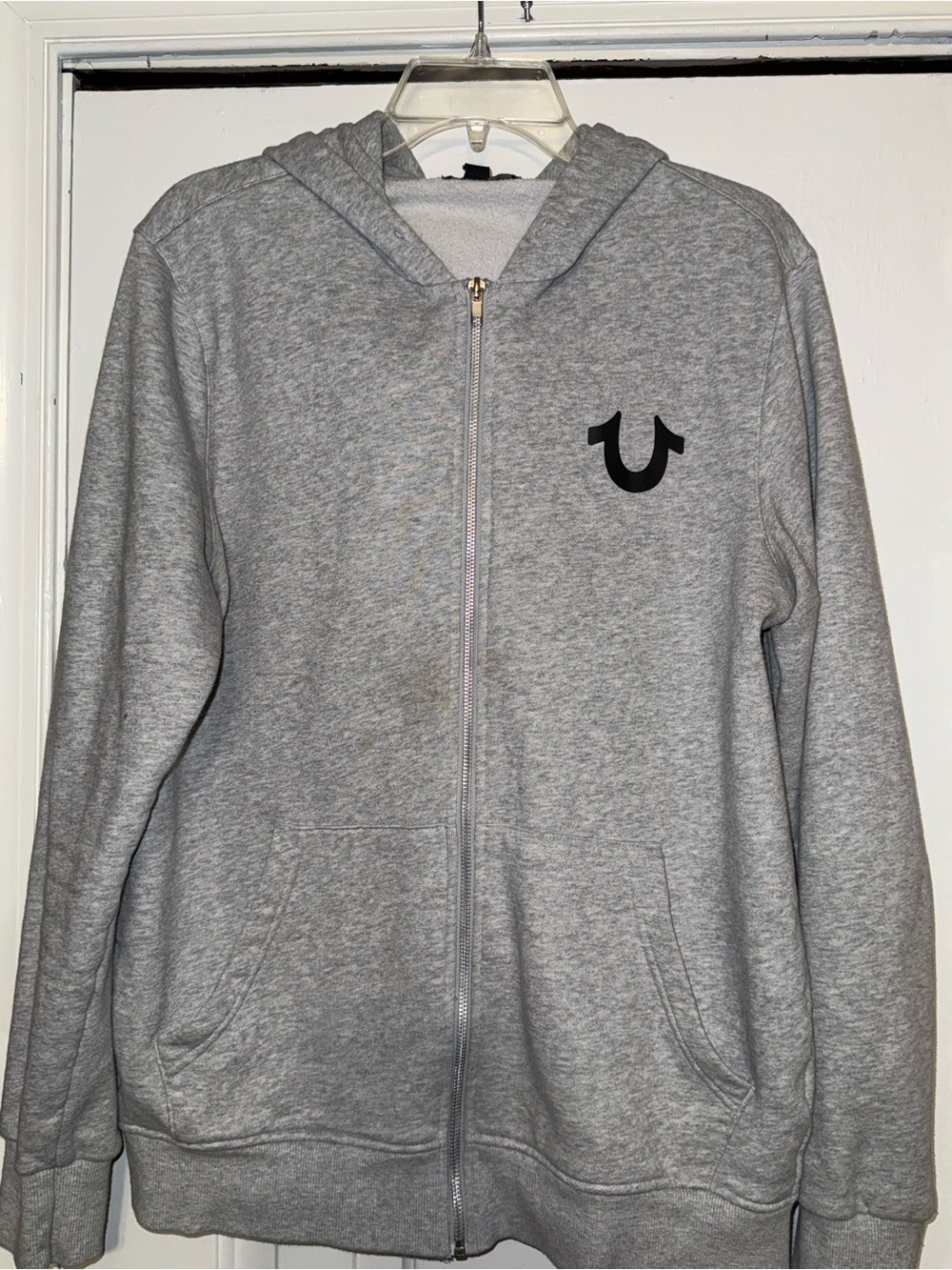 True Religion Light Heather Gray Hoodie with Black Label Detail